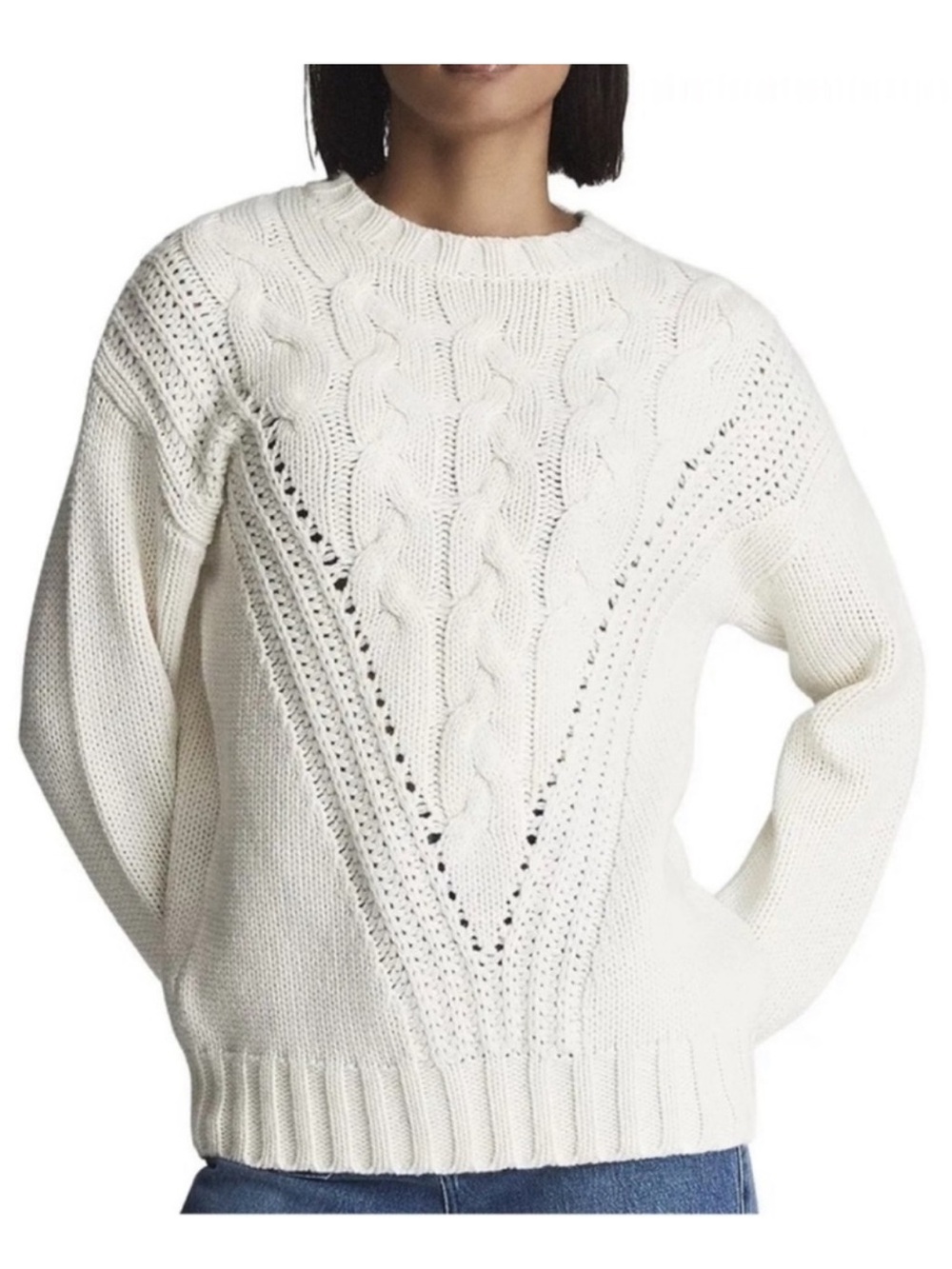 New! REISS Chloe Cream Cable Knit Wool Blend Chunky Crewneck Sweater